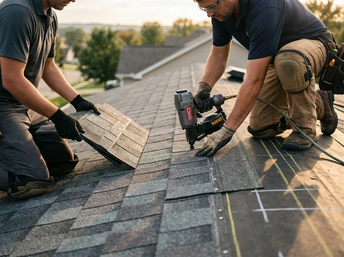 Professional roofer working on a residential roof in Johnston